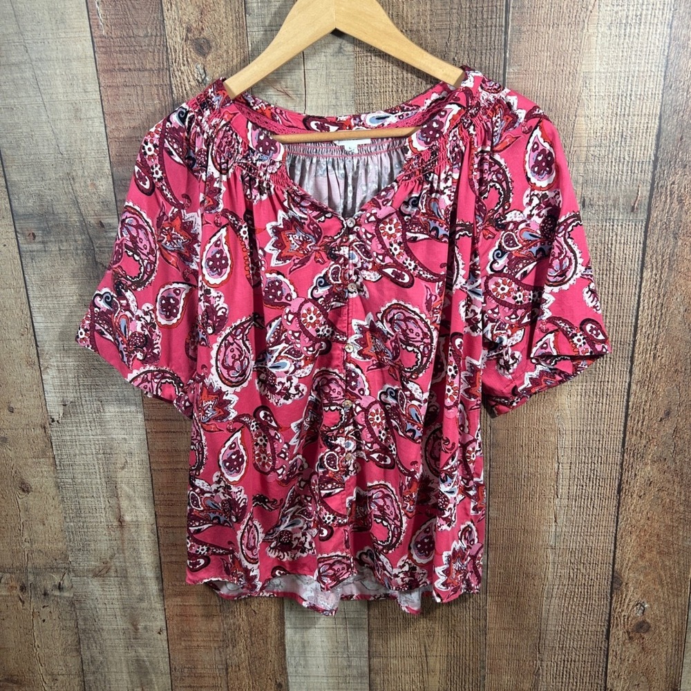 Westbound Boho Paisley Blouse Womens Large Pink Peasant Top Flowy Lightweight